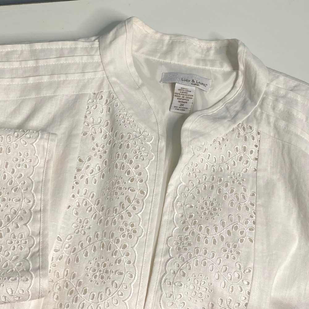 Lucy & Laurel White 100% Linen Eyelet Embroidered‎ Jacket Plus Size 3X Woman